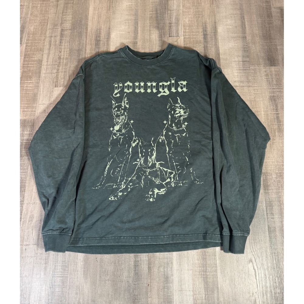 YoungLA Mens Doberman Graphic Long Sleeve Tee Green Wash Streetwear Small